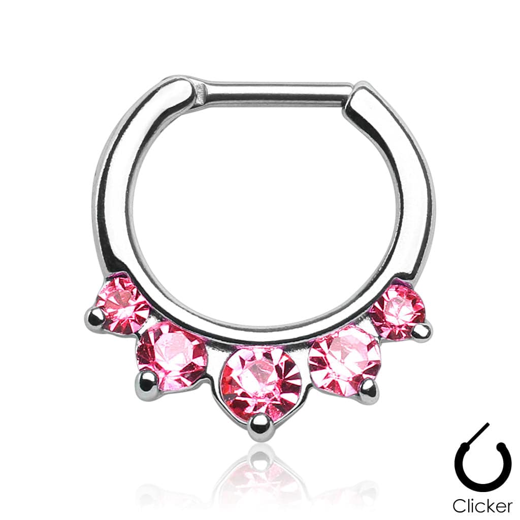 Prong Set 5 Gem Pink CZ 316L Surgical Steel Bar Septum Ring Clicker