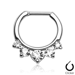 Prong Set 5 Gem White CZ 316L Surgical Steel Bar Septum Ring Clicker