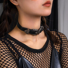 Punk Embossed Buckle Leather Collar Choker