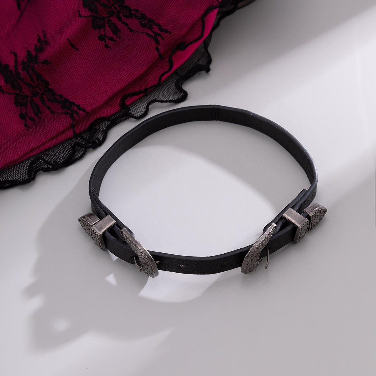 Punk Embossed Buckle Leather Collar Choker