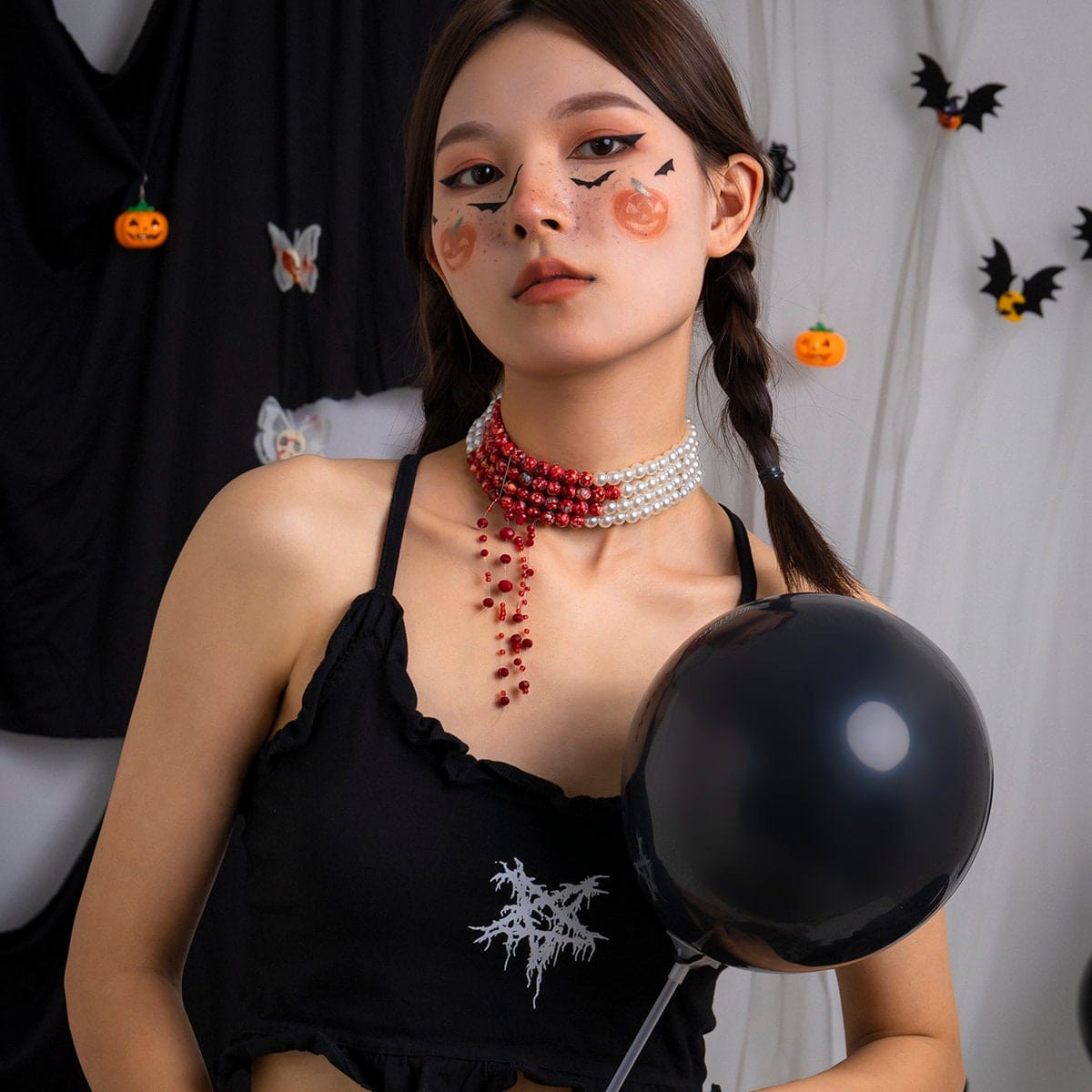 Punk Layered Marble Ball Pearl Chain Collar Choker Necklace