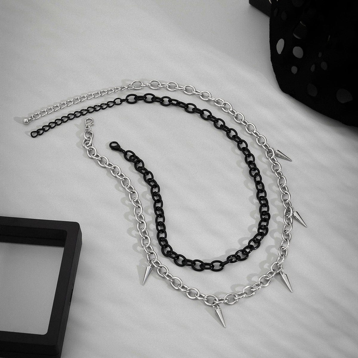 Punk Layered Spike Tassel Cable Chain Choker Necklace Set