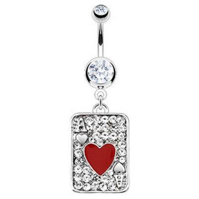 Red Ace of Hearts Poker Casino Card CZ Gem Belly Button Navel Ring Dangle