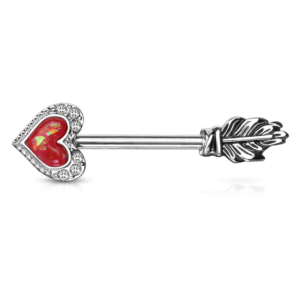 Red Opal Heart & Feather Arrow Surgical Steel Nipple Ring Barbell