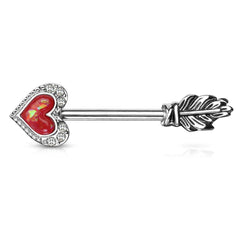 Red Opal Heart & Feather Arrow Surgical Steel Nipple Ring Barbell