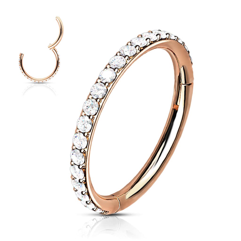 Rose Gold Plated Surgical Steel Easy Hinged CZ Pave Clicker Hoop