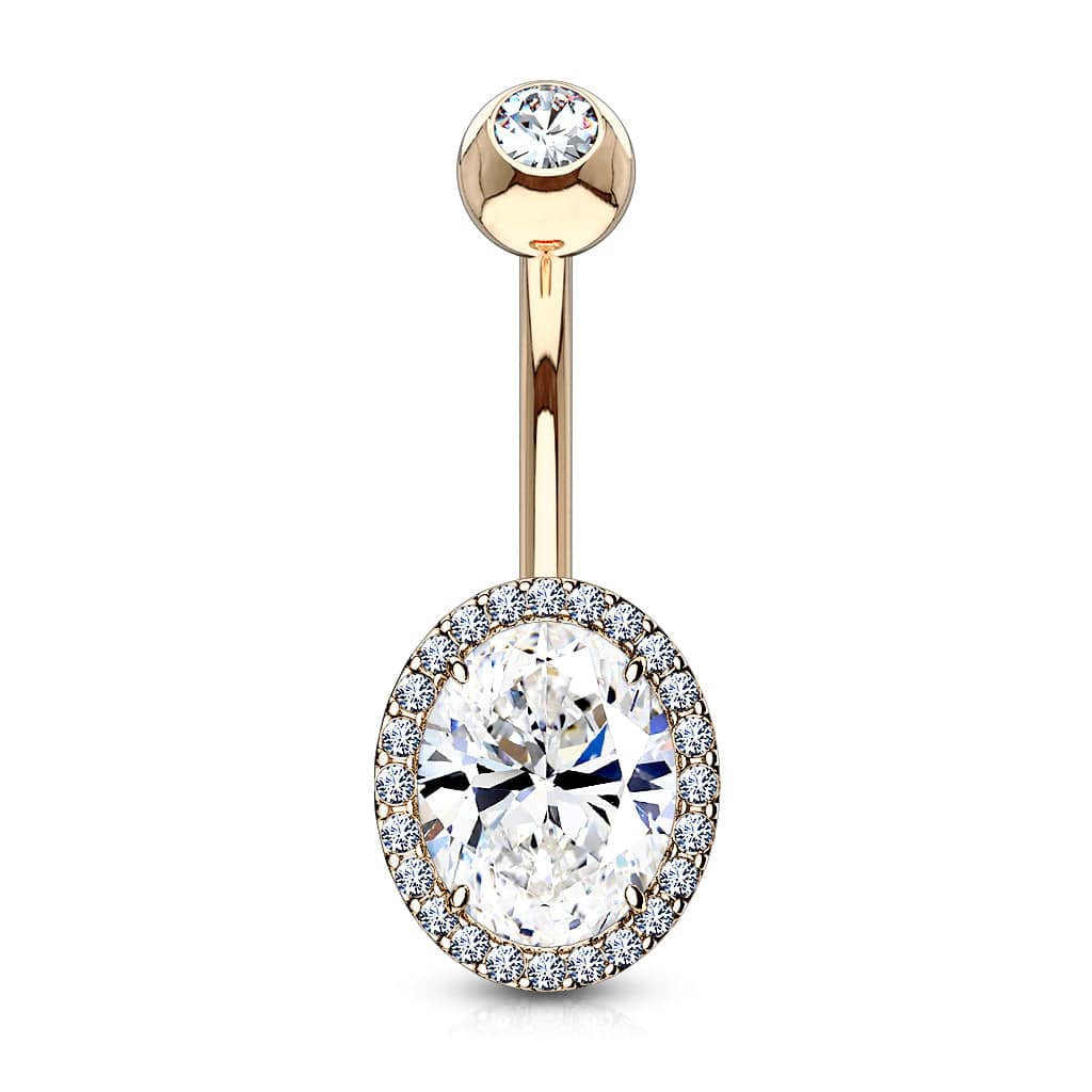 Rose Gold Plated Surgical Steel Oval Pave White CZ Belly Ring