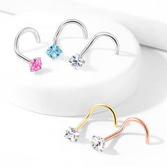 Rose Gold Plated Surgical Steel White Square CZ Gem Corkscrew Nose Ring Stud