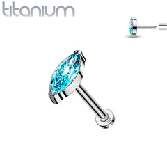 Implant Grade Titanium Threadless Push In Labret Aqua Marquise CZ Stud