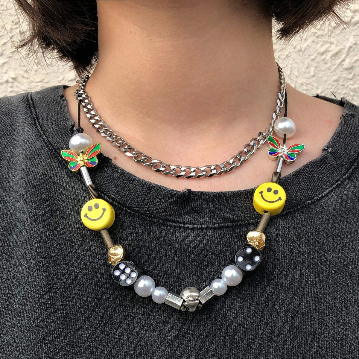 Stainless Steel Chic Smile Face and Dice Charm Necklace