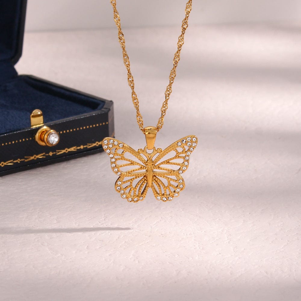 Stainless Steel CZ Inlaid Gold Filled Hollowed-out Butterfly Chain Necklace