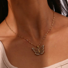 Stainless Steel CZ Inlaid Gold Filled Hollowed-out Butterfly Chain Necklace