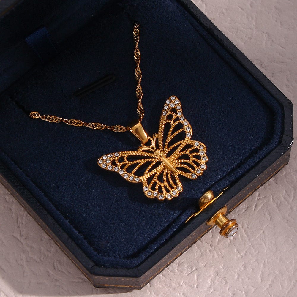 Stainless Steel CZ Inlaid Gold Filled Hollowed-out Butterfly Chain Necklace