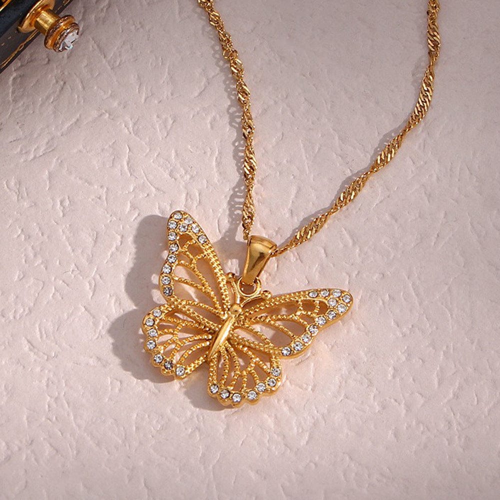 Stainless Steel CZ Inlaid Gold Filled Hollowed-out Butterfly Chain Necklace