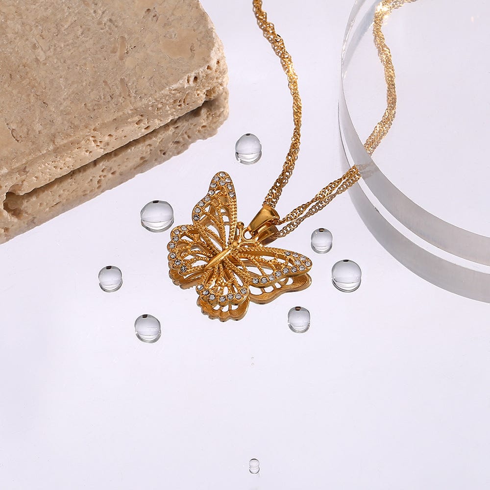 Stainless Steel CZ Inlaid Gold Filled Hollowed-out Butterfly Chain Necklace