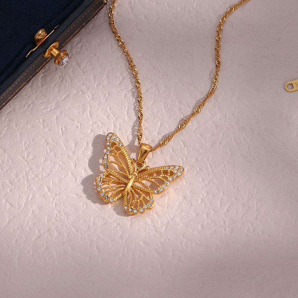 Stainless Steel CZ Inlaid Gold Filled Hollowed-out Butterfly Chain Necklace