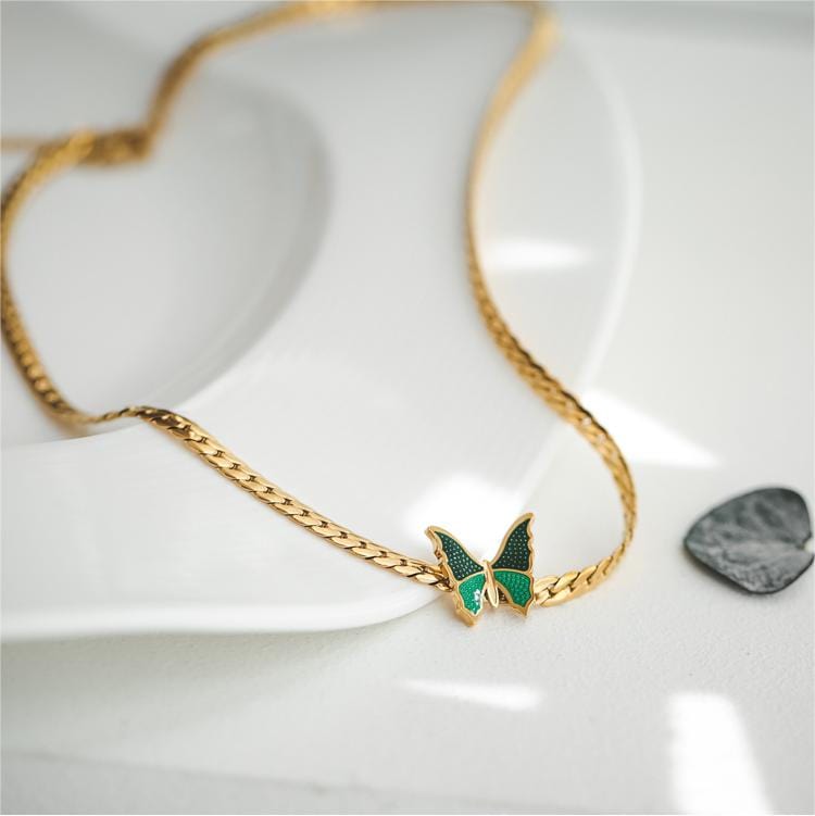 Stainless Steel Gold Plated Enamel Butterfly Necklace