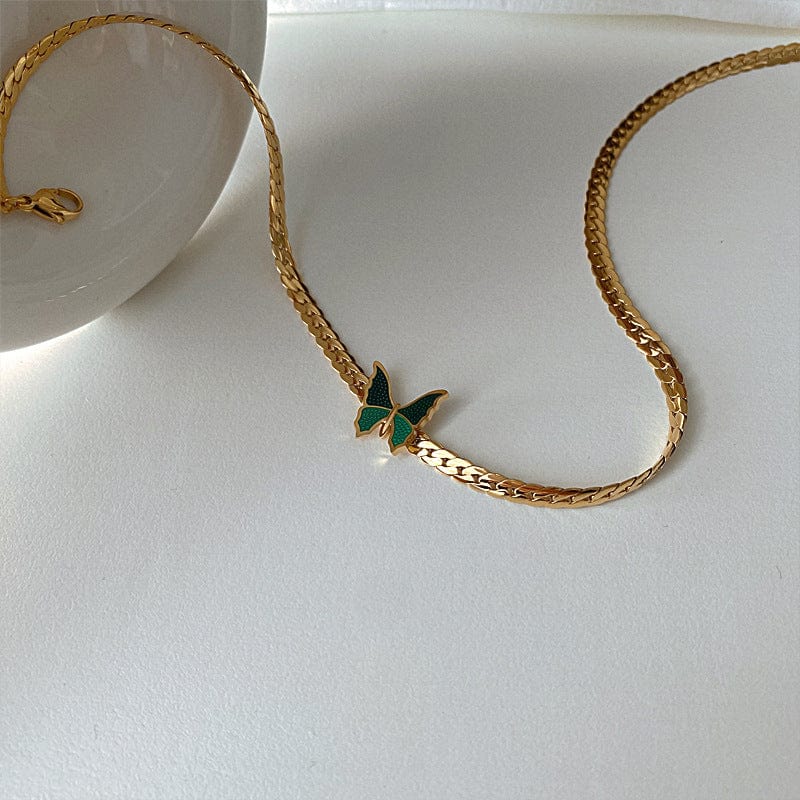 Stainless Steel Gold Plated Enamel Butterfly Necklace