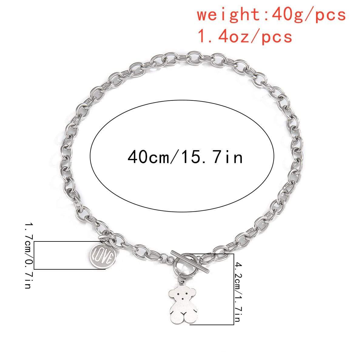 Stainless Steel Hip Hop Toggle Clasp Bear Charm Curb Link Chain Necklace