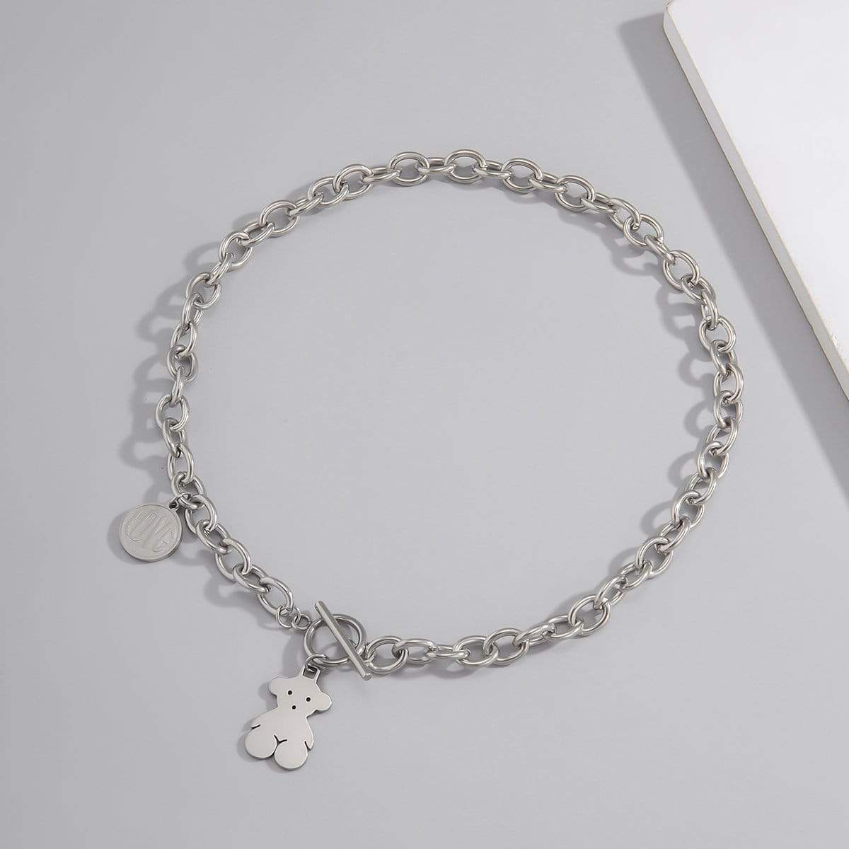 Stainless Steel Hip Hop Toggle Clasp Bear Charm Curb Link Chain Necklace