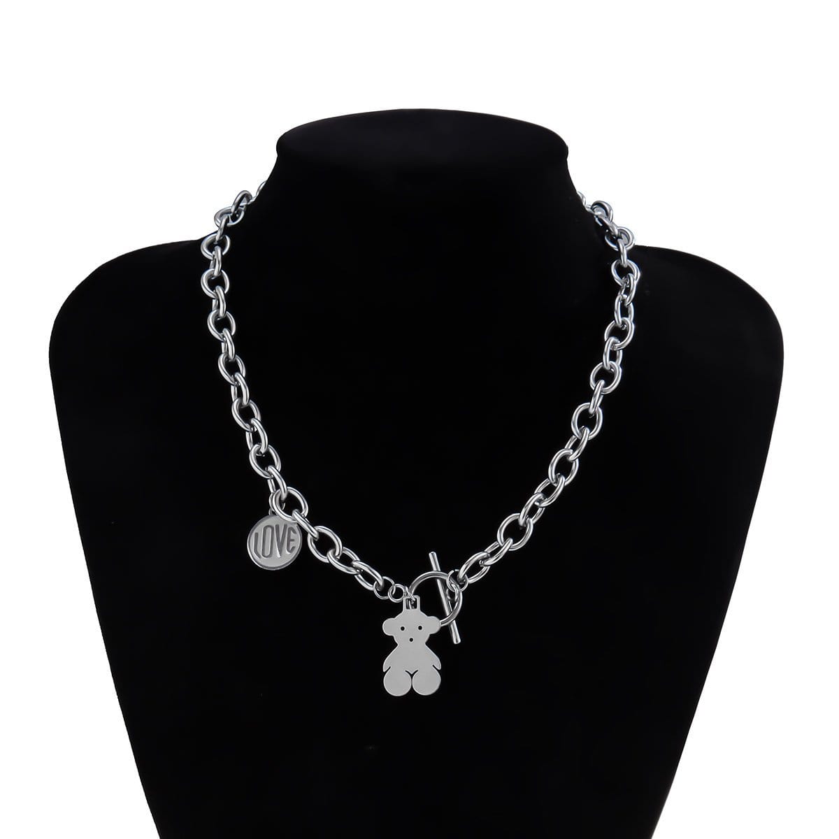 Stainless Steel Hip Hop Toggle Clasp Bear Charm Curb Link Chain Necklace