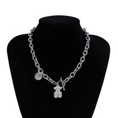 Stainless Steel Hip Hop Toggle Clasp Bear Charm Curb Link Chain Necklace