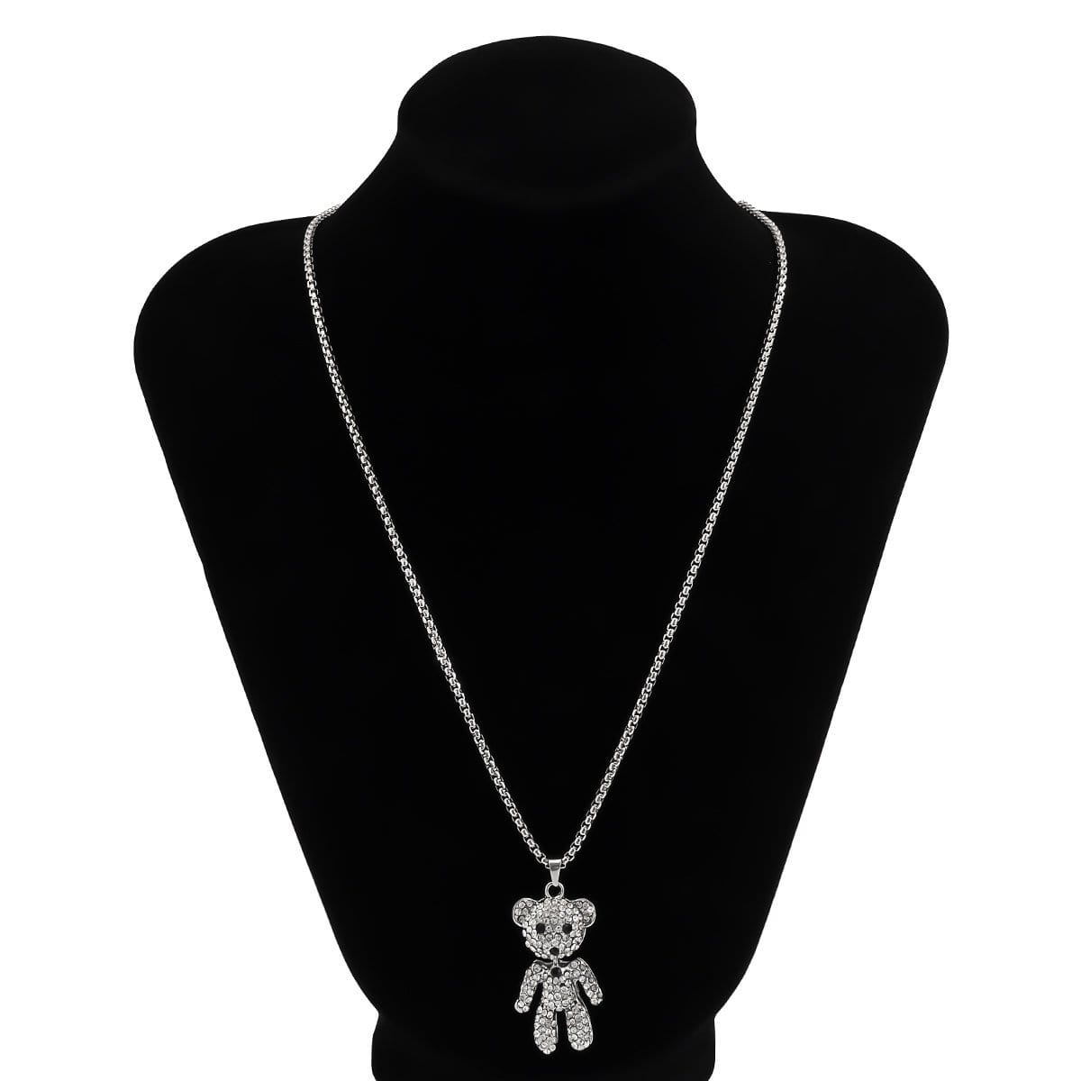 Stainless Steel Iced Out Teddy Bear Pendant Sweater Chain Necklace