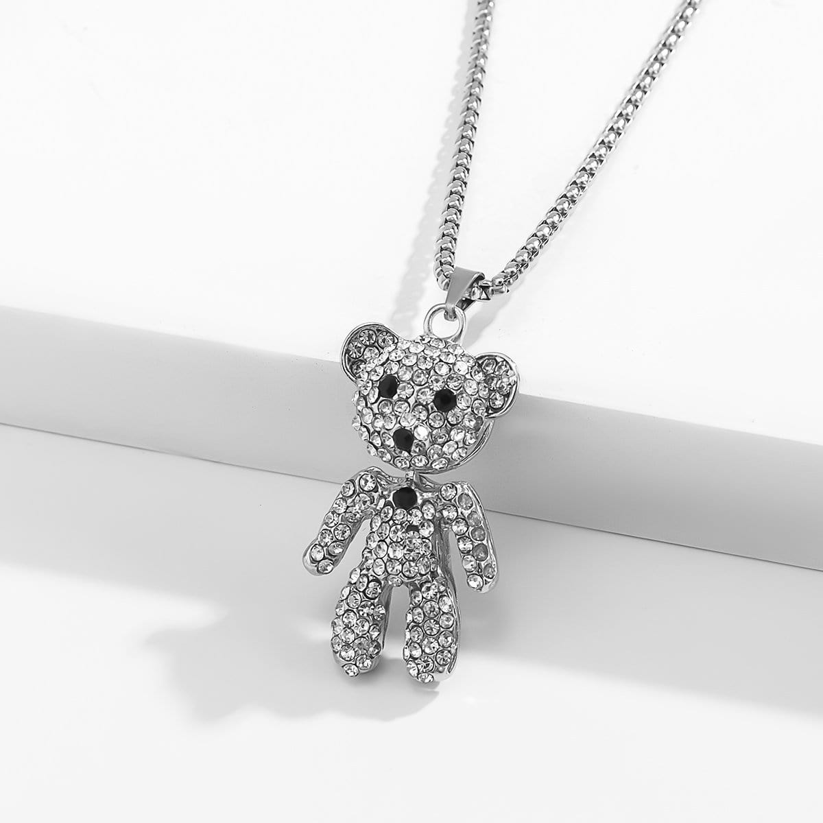 Stainless Steel Iced Out Teddy Bear Pendant Sweater Chain Necklace