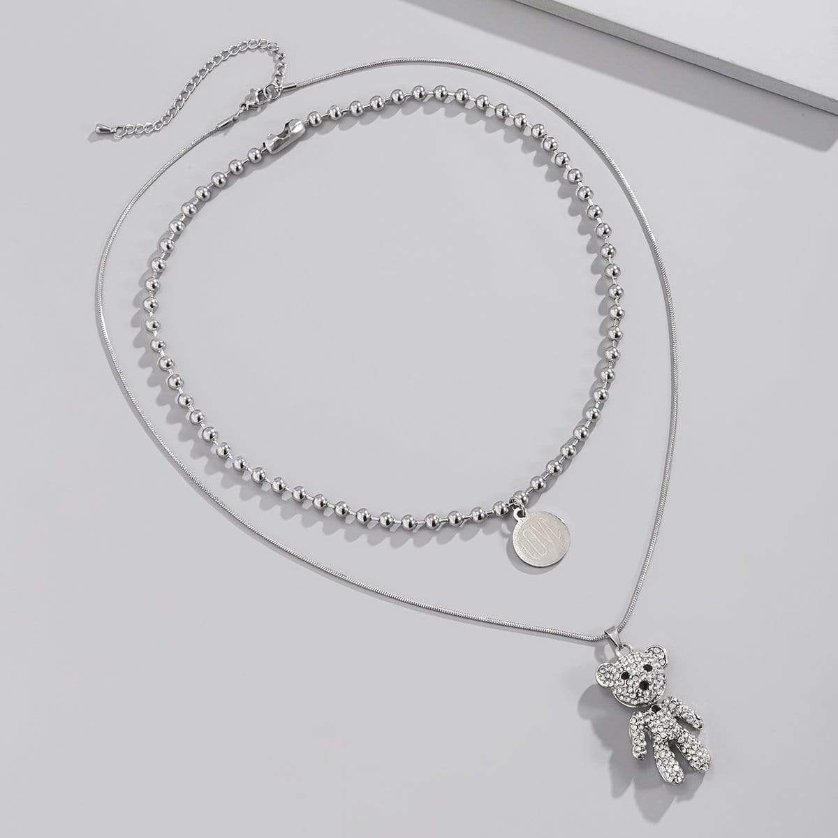Stainless Steel Layered Crystal Bear & Coin Pendant Beaded Choker Necklace Set