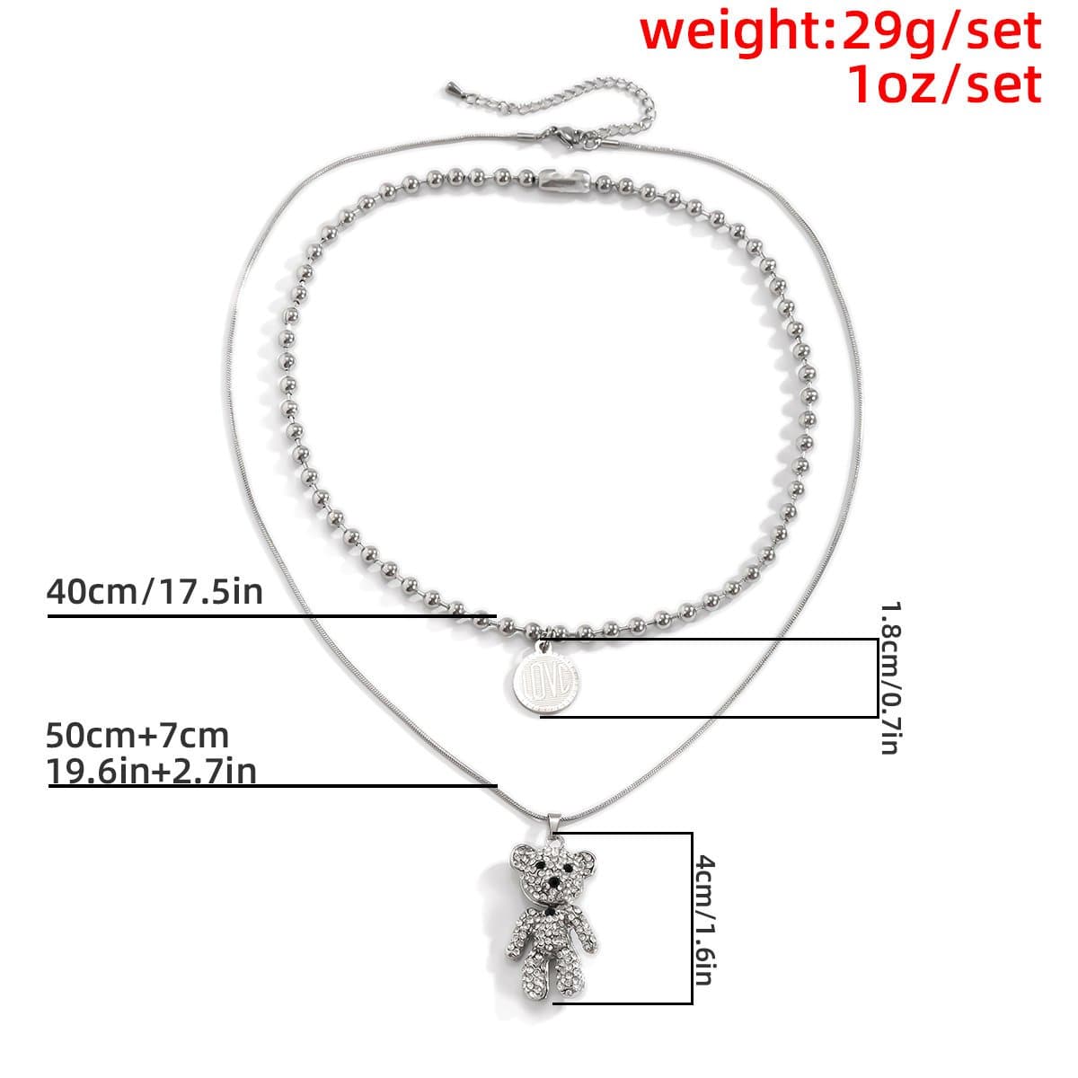 Stainless Steel Layered Crystal Bear & Coin Pendant Beaded Choker Necklace Set