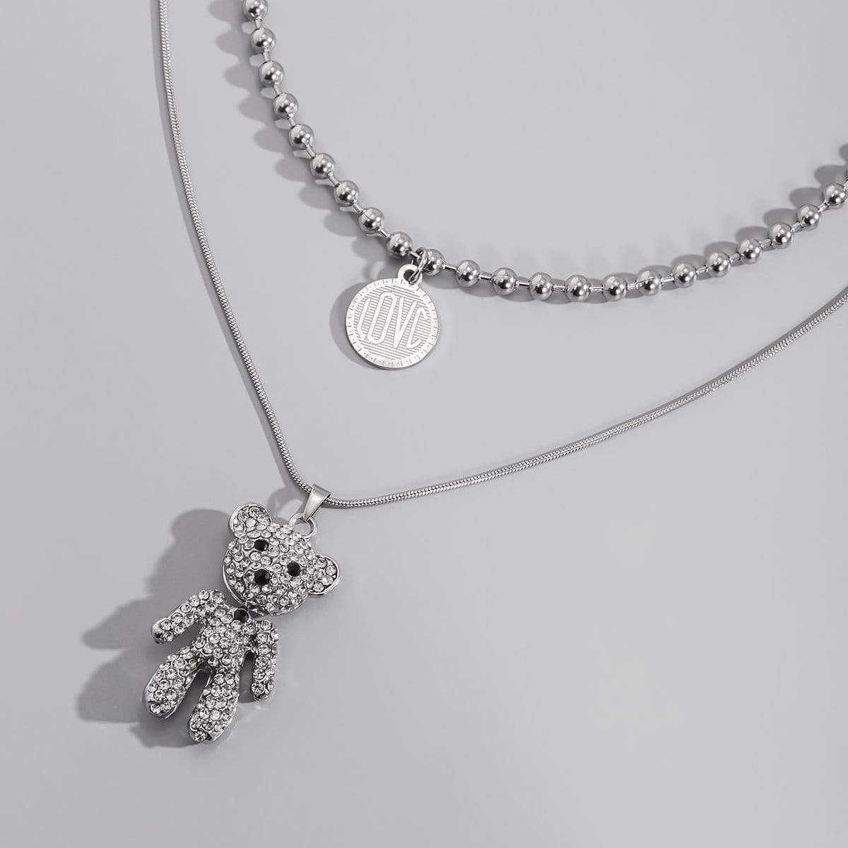 Stainless Steel Layered Crystal Bear & Coin Pendant Beaded Choker Necklace Set