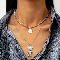 Stainless Steel Layered Crystal Bear & Coin Pendant Beaded Choker Necklace Set