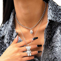 Stainless Steel Layered Crystal Bear & Coin Pendant Beaded Choker Necklace Set