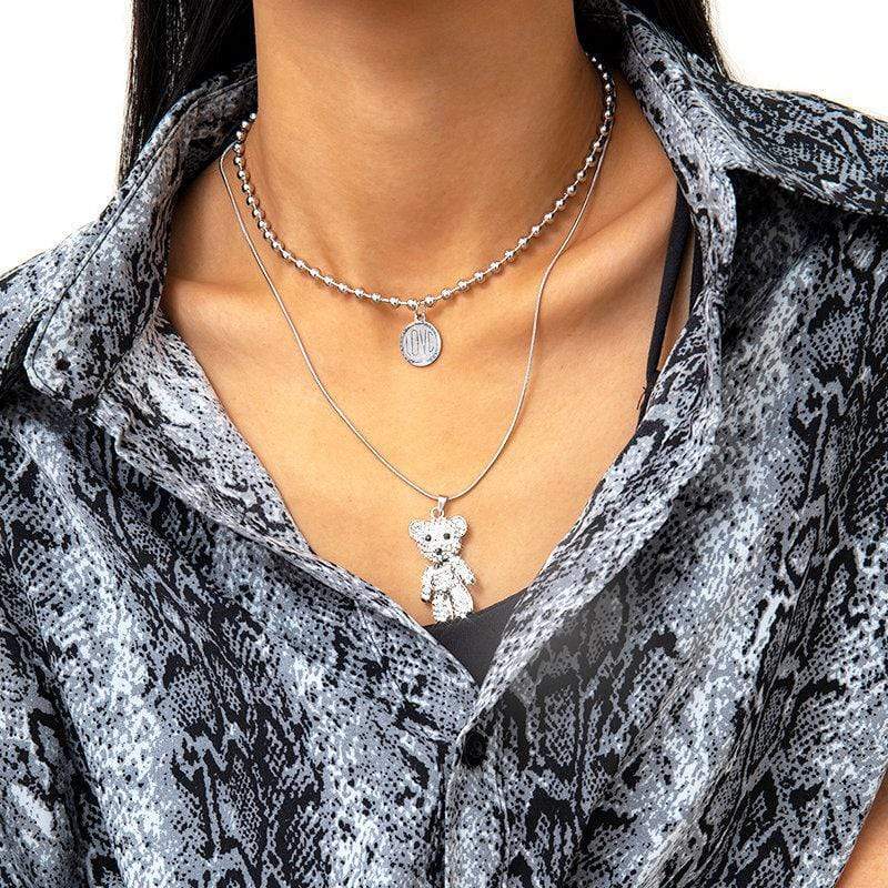 Stainless Steel Layered Crystal Bear & Coin Pendant Beaded Choker Necklace Set