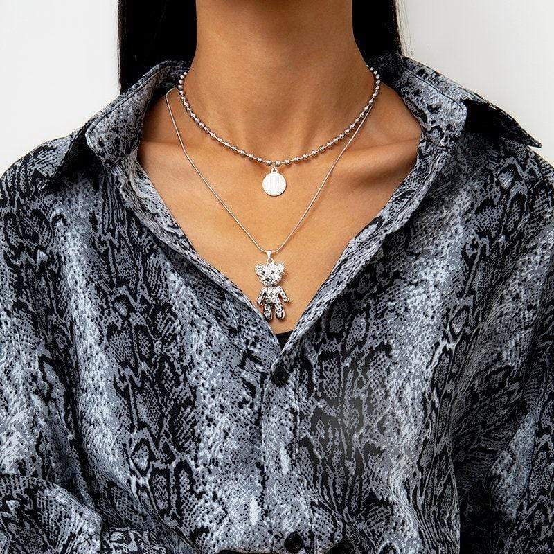 Stainless Steel Layered Crystal Bear & Coin Pendant Beaded Choker Necklace Set