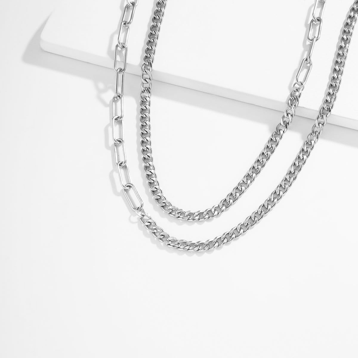 Stainless Steel Layered Curb Link Chain Necklace Set