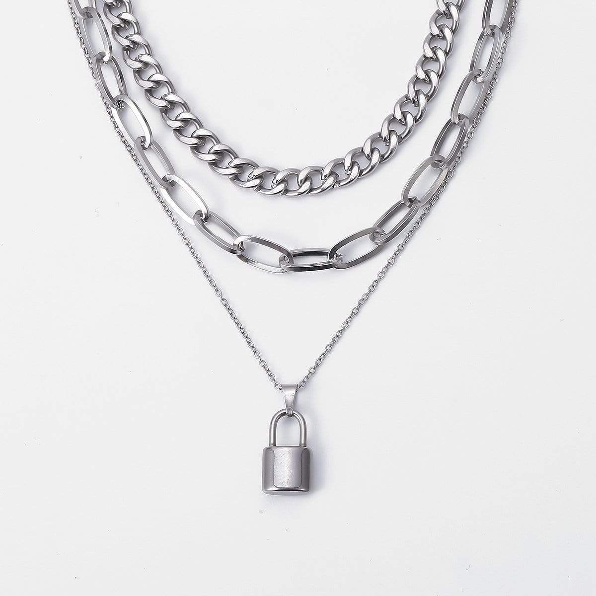 Stainless Steel Punk Style Layered Lock Pendant Choker Necklace Set