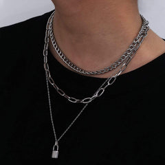 Stainless Steel Punk Style Layered Lock Pendant Choker Necklace Set