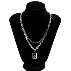 Stainless Steel Rhinestone Inlaid Square Pendant Ball Charm Curb Cable Chain Necklace