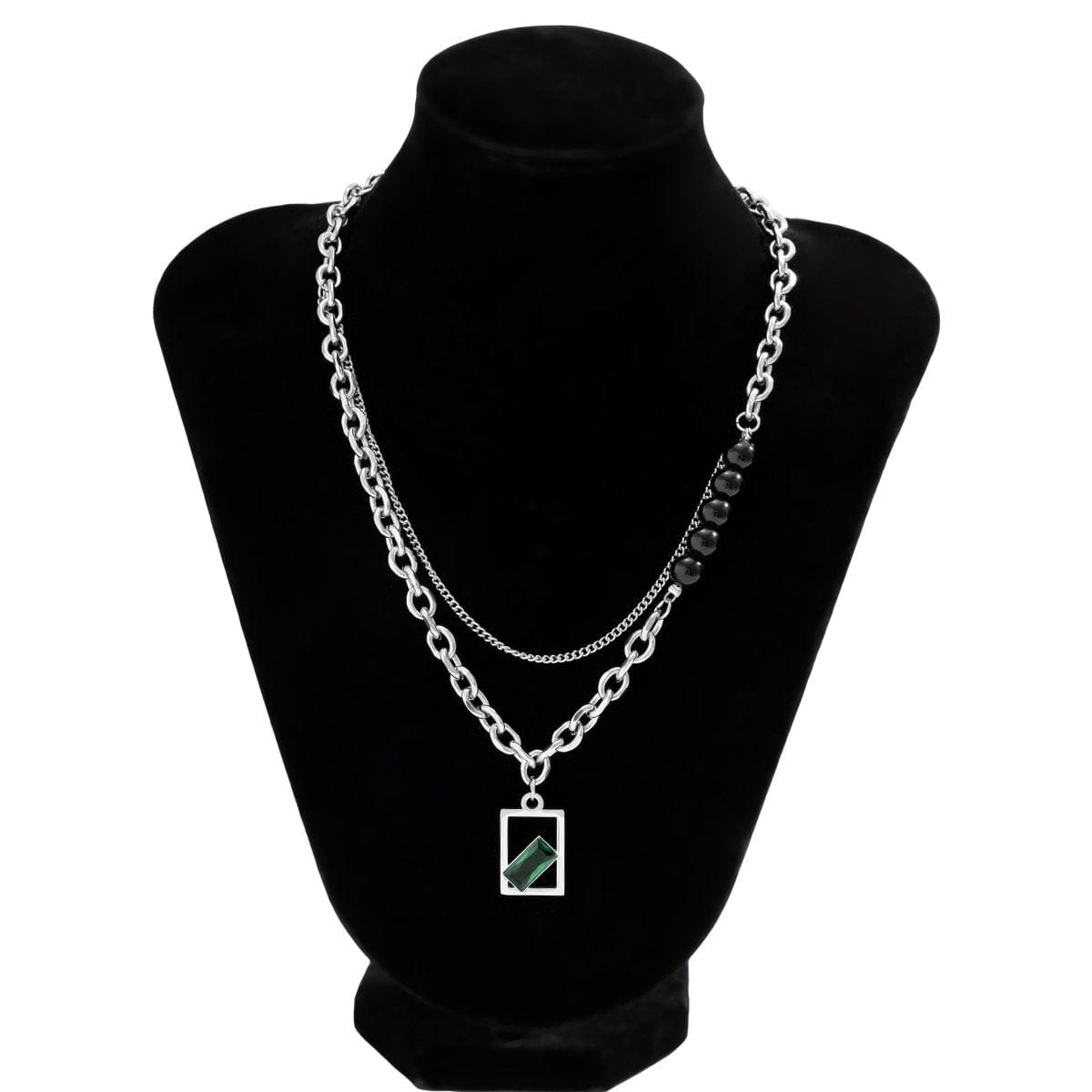 Stainless Steel Rhinestone Inlaid Square Pendant Ball Charm Curb Cable Chain Necklace