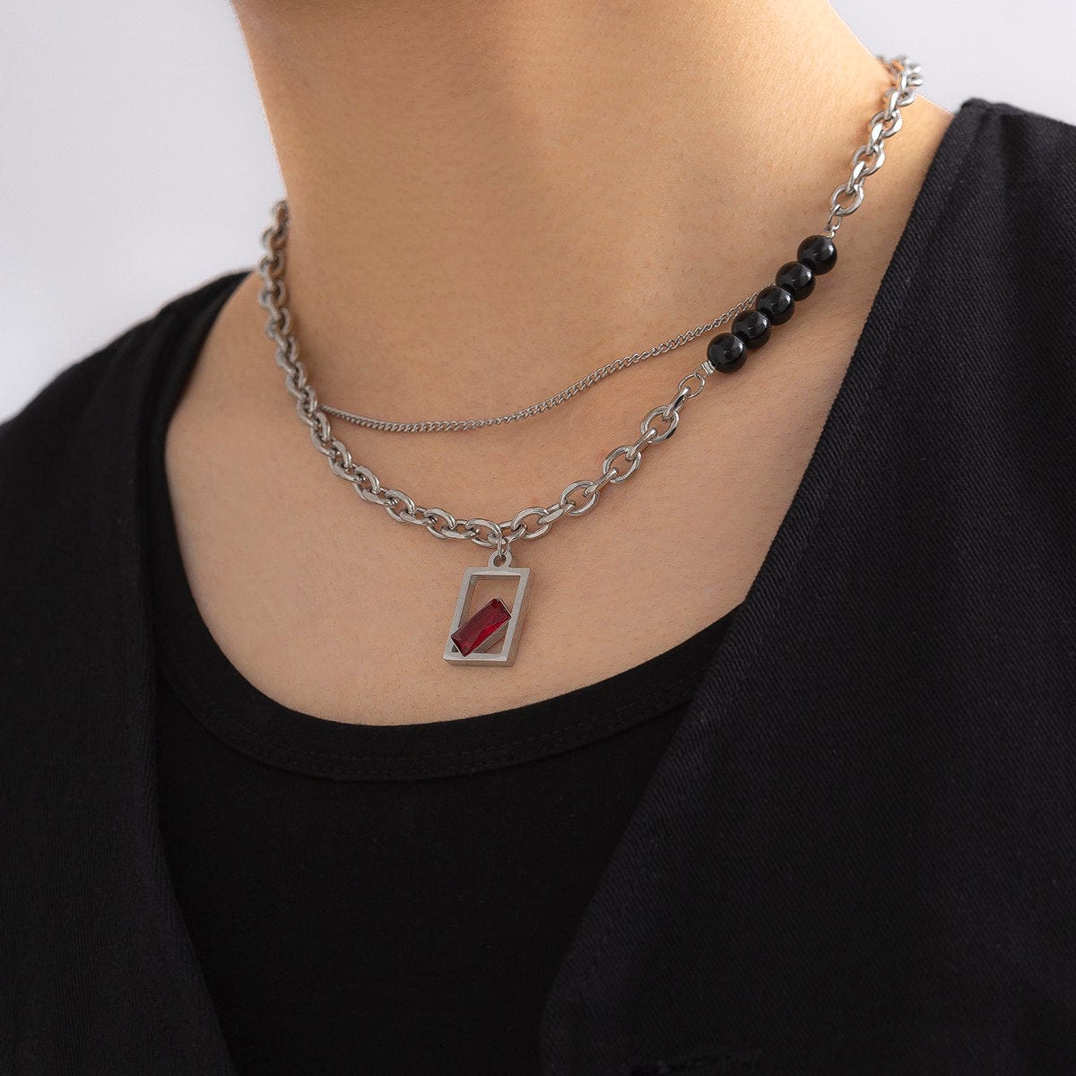 Stainless Steel Rhinestone Inlaid Square Pendant Ball Charm Curb Cable Chain Necklace