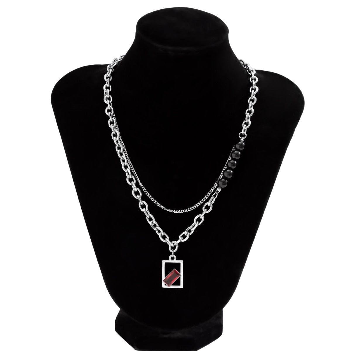 Stainless Steel Rhinestone Inlaid Square Pendant Ball Charm Curb Cable Chain Necklace