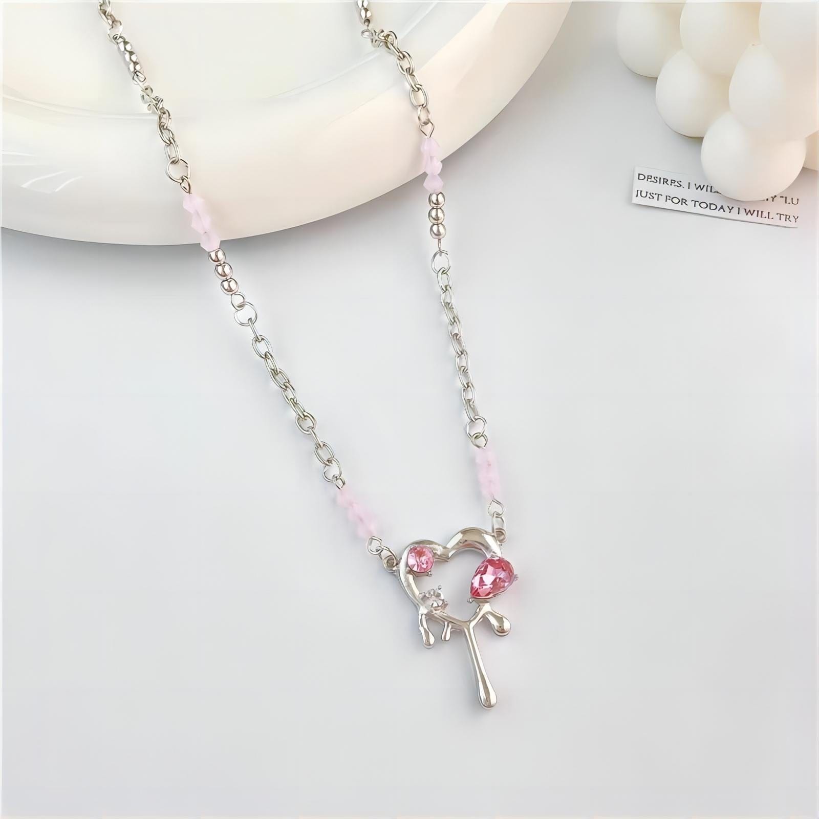 Stainless Steel Rhinestone Melting Heart Necklace