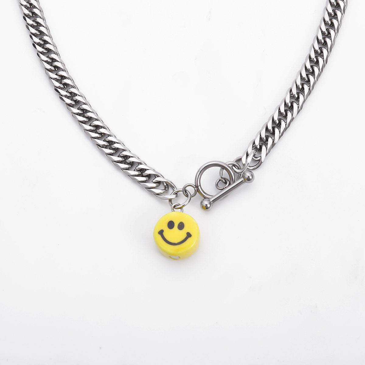 Stainless Steel Smile Face Toggle Clasp Curb Link Chain Necklace