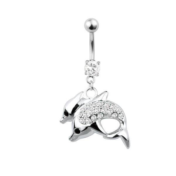 Surgical Steel 2 White CZ Gem Crystal Dolphins Dangle Belly Button Navel Ring