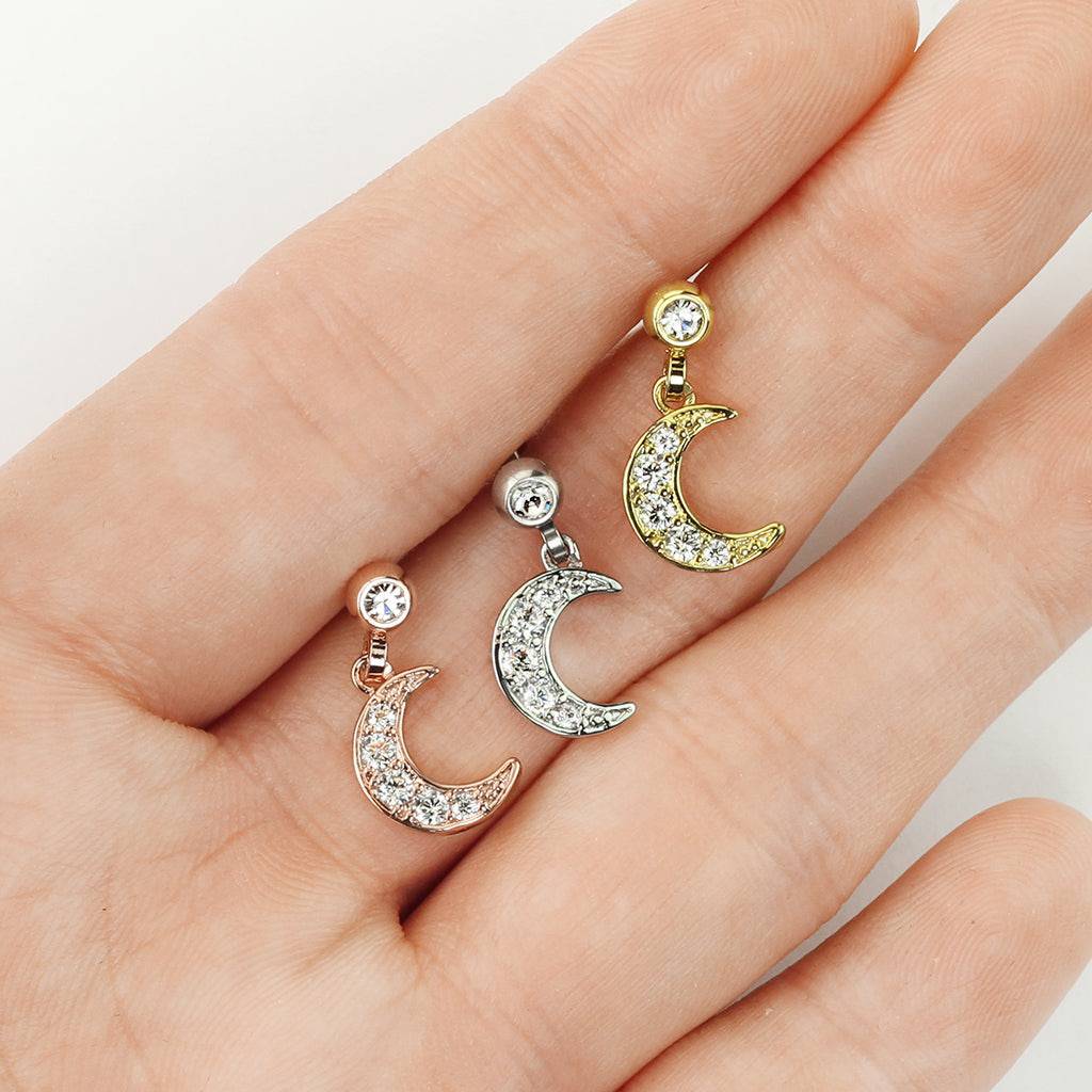 Surgical Steel Ball Back Crescent Moon White CZ Dangle Cartilage Ring