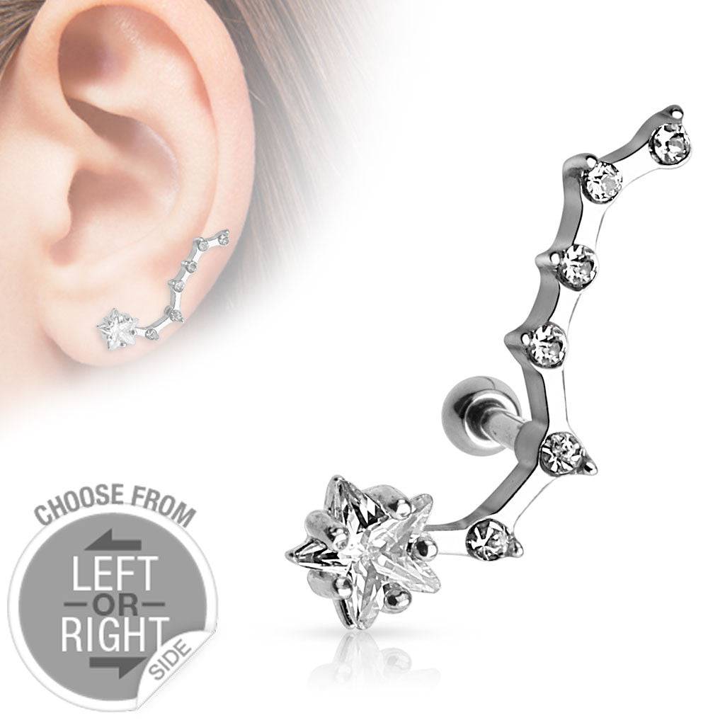 Surgical Steel Barbell with Prong Set Star and Trailing CZ Tail Ear Lobe Cartilage Stud