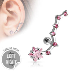 Surgical Steel Barbell with Prong Set Star and Trailing CZ Tail Ear Lobe Cartilage Stud