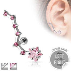 Surgical Steel Barbell with Prong Set Star and Trailing CZ Tail Ear Lobe Cartilage Stud