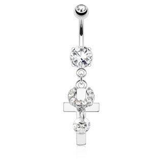 Surgical Steel Belly Button Navel Ring Bar with Clear White Religious Crucifix Cross Dangle